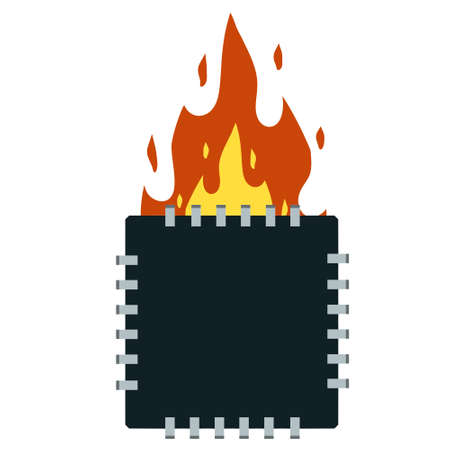 Computer chip. Fire and broken Digital chip. Burning Electronic part of the Board. Modern technology and processor. Flat cartoon illustrationのイラスト素材