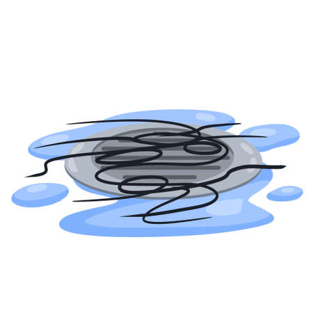 Drain in plumbing. Tangle of hair sink hole on floor. Element of water supply system. Blue puddle and drops of water. Problem of baldness.のイラスト素材