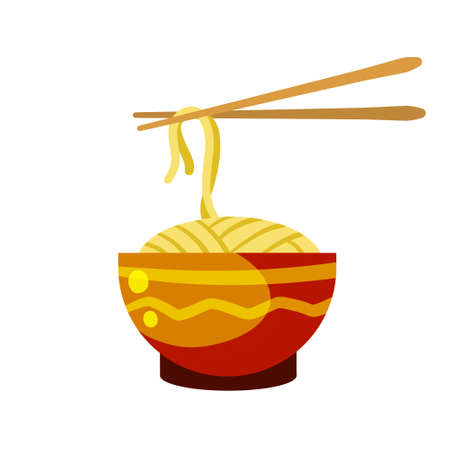 Chinese noodles in clay bowl. Oriental cuisine. Japanese Street fast food wok pasta. Chopsticks. Flat cartoon illustration isolated on whiteのイラスト素材