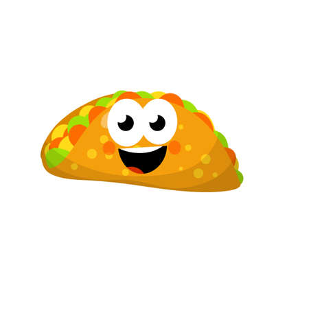 Tacos. Cute mascot with face, smile and eye. National Mexican fast food in tortilla. Traditional Spicy meal with meat and vegetables. Cartoon flat illustrationのイラスト素材