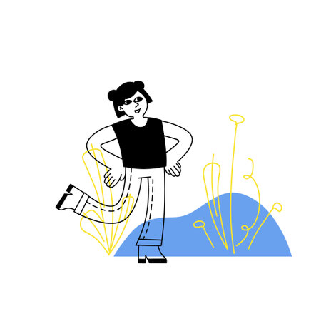 Woman dancing. Minimalist happy female character having fun. Movement pose. Girl in casual clothes. Trendy modern outline isolated illustrationのイラスト素材