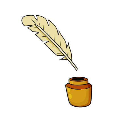 Quill pen and jar of ink. Vintage feather. The instrument of classical poet. Cartoon illustrationのイラスト素材