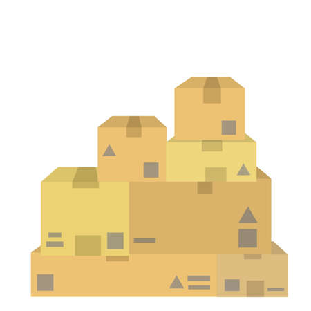 Square carton. Cartoon flat illustration. Warehouse and mail item. Delivery of cargo. Packed goods. Pile of brown objectsのイラスト素材