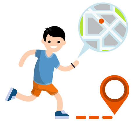 Navigation and route search. Modern technology. Young Guy in shorts. Sports and Hobbies. Healthy lifestyle. Cartoon flat illustrationのイラスト素材
