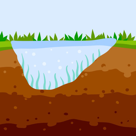 Land and pond in the section. The bottom of lake and river with algae. Brown soil layer. Underground geology. Summer landscape.のイラスト素材