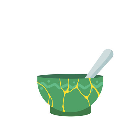 Kintsugi - Japanese art. Glued cup for tea ceremony. Restoration of broken ceramic and clay dishes. Gold cracks and shards. Asian culture. Flat illustrationのイラスト素材