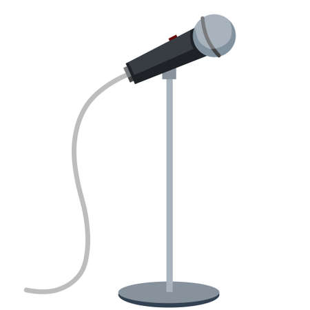 Microphone. Gray mic on stand. Talk icon and stand-up performances. Show and electronic device with a long cord. Flat cartoon illustrationのイラスト素材