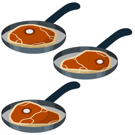 Fried meat in a frying pan. Barbecue and steak. Greasy food on the dishes. Set of brown Roast steak.のイラスト素材