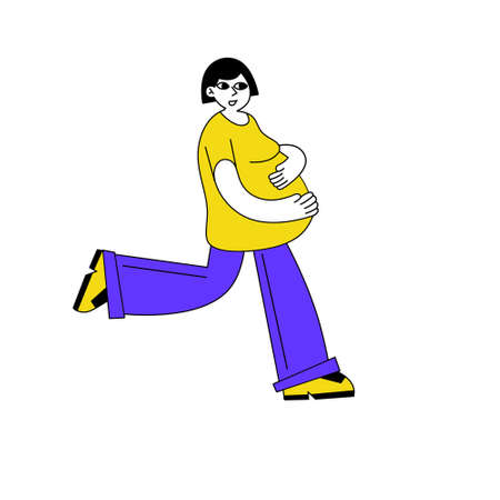 Pregnant woman hold her stomach. Modern character run with big belly. Pregnancy and motherhood. Flat cartoon illustration isolated on whiteのイラスト素材