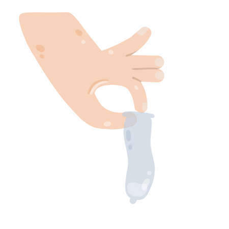 Hand hold used condom with semen. Flat cartoon isolated on white backgroundのイラスト素材