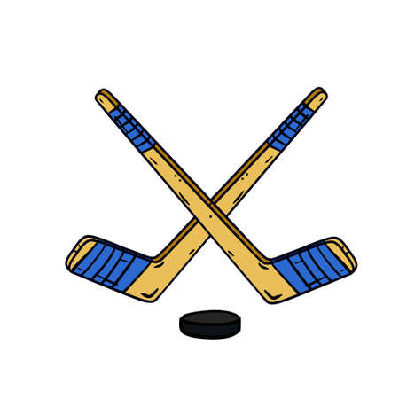 Hockey stick and puck. Crossed sports equipment. Winter Games. Cartoon illustrationのイラスト素材