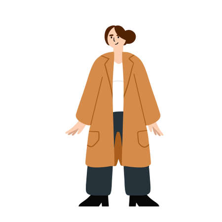 Woman in coat. Female character in casual autumn clothes. Modern trendy flat cartoon illustration isolated on whiteのイラスト素材