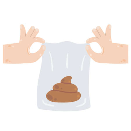 Hands hold bag of poop. Packaging with dog poo. Cleaning for pet on walk. Modern trendy flat cartoon.のイラスト素材