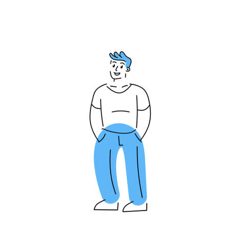Man is standing. Waiting pose. Hands in pockets. Nice geometric abstract character. Outline modern trendy cartoon illustration isolated on whiteのイラスト素材