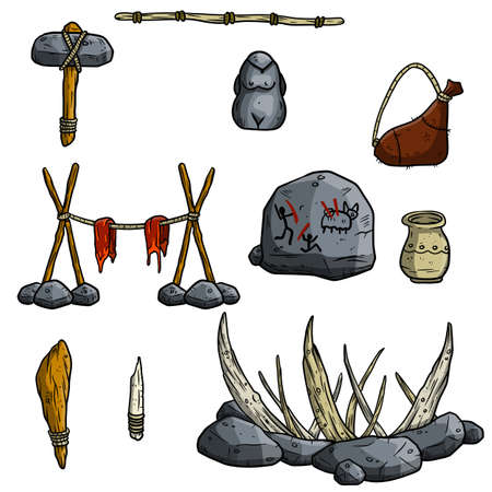 Set of items of primitive man and hunter. Weapons of caveman. Stone age club, trap. Lifestyle and tool. Cartoon illustrationのイラスト素材