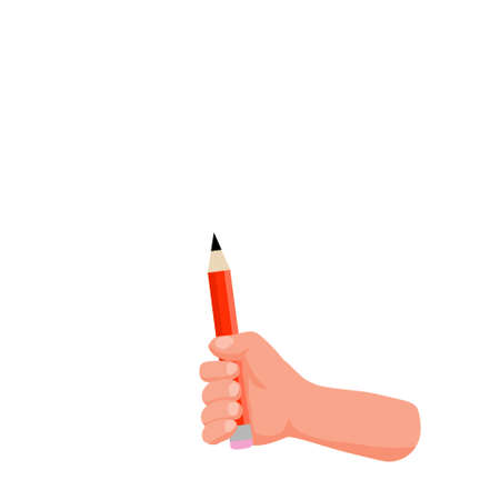 Hand hold red pencil. Artist and creativity. A writing tool for drawing. Flat cartoon illustrationのイラスト素材
