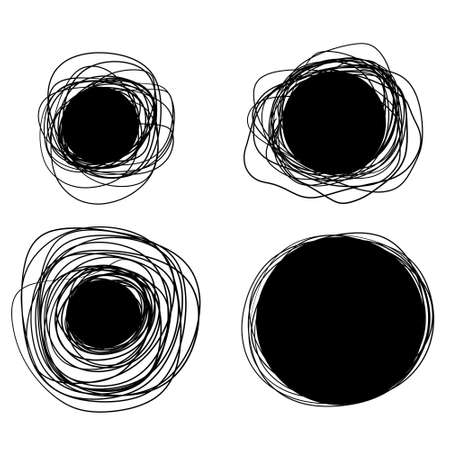 Sketch circle. Black ring set. Abstract geometric shape. Chaotic doodle tangled line.のイラスト素材
