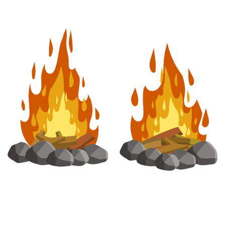 Red campfire. Orange flame. Tourist bonfire. Element of a hike. Heat and hot object. Fire lined with stones. Cartoon flat illustrationのイラスト素材