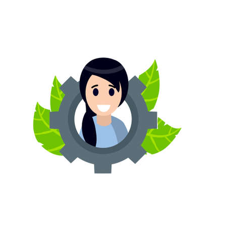 Avatar of woman in gear. Mechanism and green leaves. The logo of freshness. Concept for social network. Happy smiling female character. Flat cartoonのイラスト素材