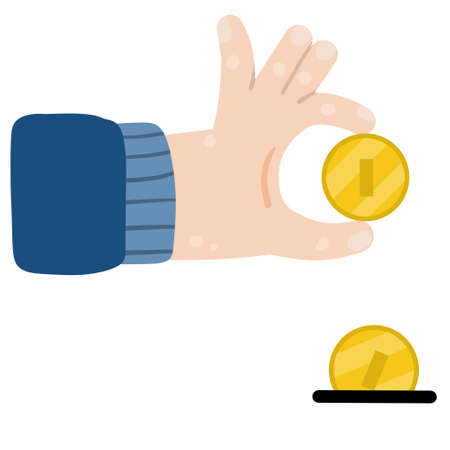 Hand hold coin. Saving money. Payment for products and sponsorship. Modern trendy flat cartoon illustration. Piggy bank slot.のイラスト素材