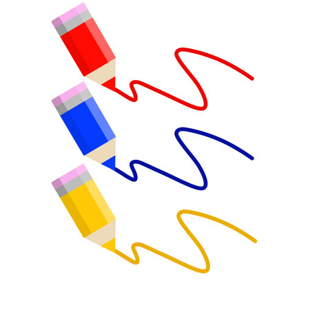 Set of colored pencils. Icon for creativity and drawing. Children Hobbies and entertainment. Red, blue and yellow stationery. Flat cartoonのイラスト素材