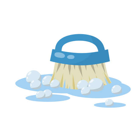 Brush for wet house cleaning and sweeping. item for combing horse. Cartoon flat illustration. Object for homework. puddle of water with soap bubblesのイラスト素材