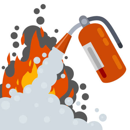 Extinguisher. Fireman tool. Red cylinder. Flat cartoon illustration. Smoke and foam.のイラスト素材