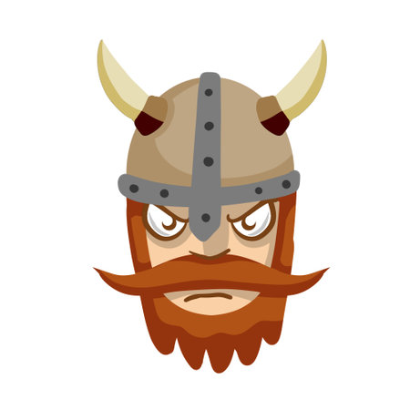 Viking. Evil face of barbarian warrior. Villain Scandinavian character. A soldier in horned helmet. Medieval bearded man.のイラスト素材