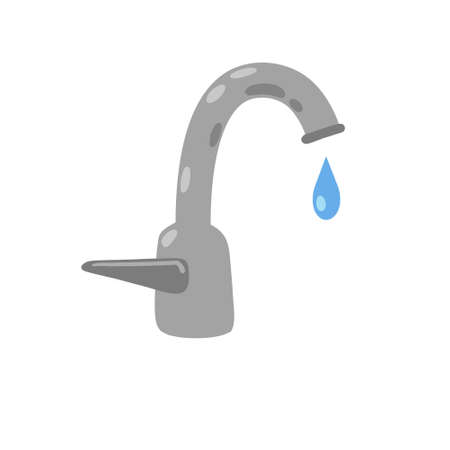 Water tap with falling drop of water. Plumbing in kitchen and bathroom. Flat cartoon isolated on white backgroundのイラスト素材