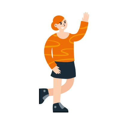Female character walks and gestures. Ginger hair Young girl. Woman walks. Welcome gesture. Hi and hello. Trendy flat cartoon illustrationのイラスト素材