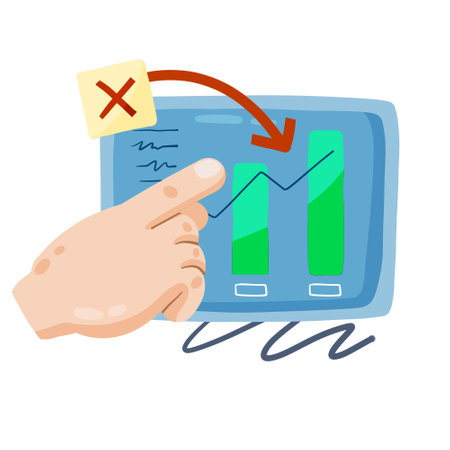 Business schedule analytics. Concept of financial data. Index finger. Hand point to Marketing and statistics. Cartoon infographic. Flat illustration isolated on whiteのイラスト素材