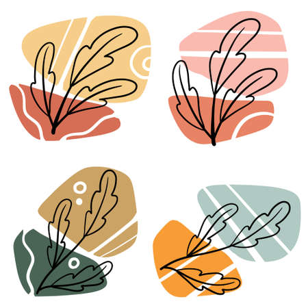 Plant on background of colored spots. Black botanical oak branch and geometric abstract pattern in a minimalist style. Minimalist Doodle objectのイラスト素材