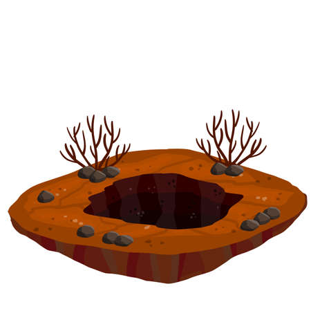Big hole in ground. Brown dry soil and mine. Element of desert landscape. Cartoon illustration. Dead bushのイラスト素材