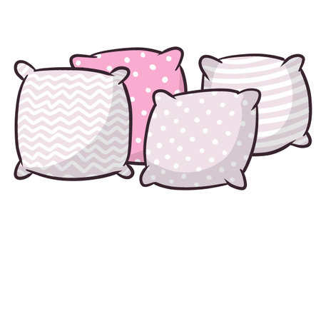 Set of pillows. Large and small object. Cartoon flat illustration. Soft colored pink cushion. Element of bedroom and bed for sleepのイラスト素材