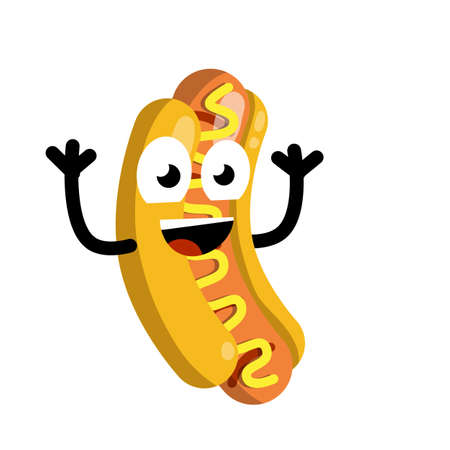 Hot dog on plate. Funny face. Smile and eye. Delicious Bun. Bread, sausage, ketchup. Icon Harmful diet. Cartoon flat illustration. Mascot of Fast junk foodのイラスト素材