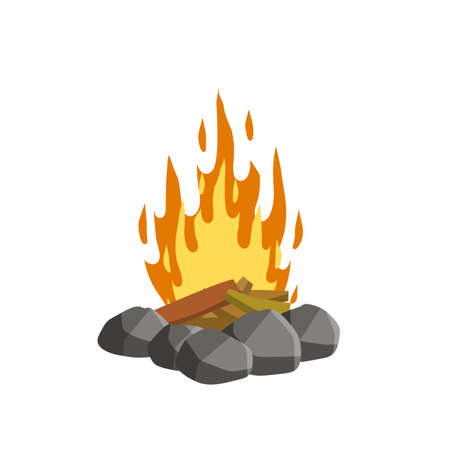Red campfire. Orange flame. Tourist bonfire. Element of a hike. Heat and hot object. Fire lined with stones. Cartoon flat illustrationのイラスト素材