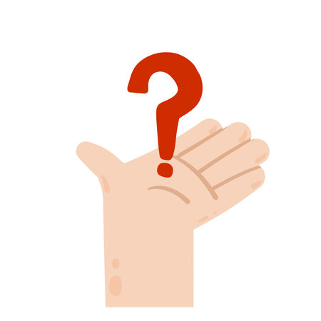 Question mark in hand. Advice and help. Solution to problem. Human palm. Modern trendy flat cartoon.