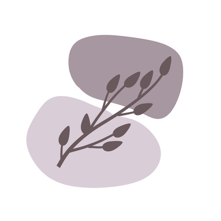 Plant on background of colored spots. Black botanical branch and purple and gray geometric abstract pattern in a minimalist style. Doodle objectのイラスト素材