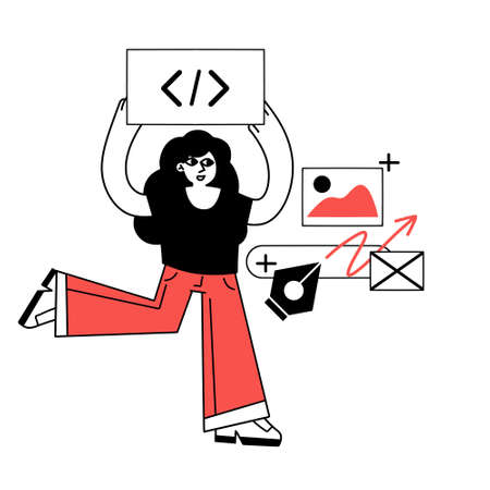Female character web designer. Website development. Coding and programming. Digital profession. Creating mobile app and woman programmer. Outline cartoon illustrationのイラスト素材