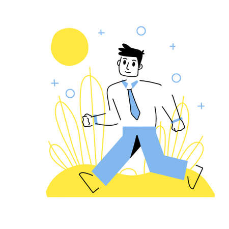 Business character is rushing to work. Running man in suit and tie. Office worker and deadline on abstract background. Active movement. Trendy geometric outline cartoon illustrationのイラスト素材