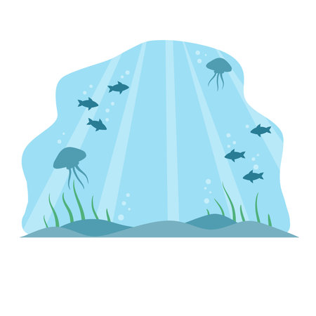 Underwater world. Blue water and bottom with sea animals. Fish and jellyfish. Ocean landscape and background. Flat illustrationのイラスト素材