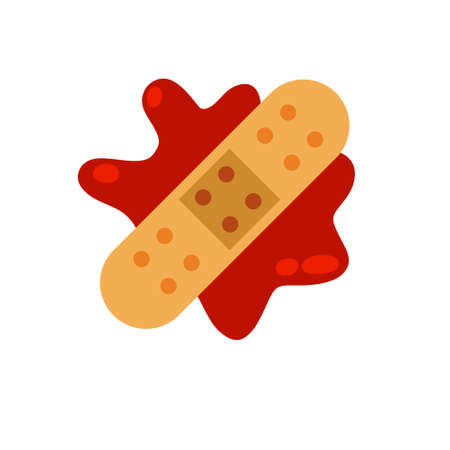 Bandage. Treatment of injury.  Cut with blood. Stopping the bleeding. Flat illustration isolated on whiteのイラスト素材