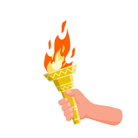 Hand holding torch. Symbol of  Flame and sports. Education and lighting. Flat cartoon illustrationのイラスト素材