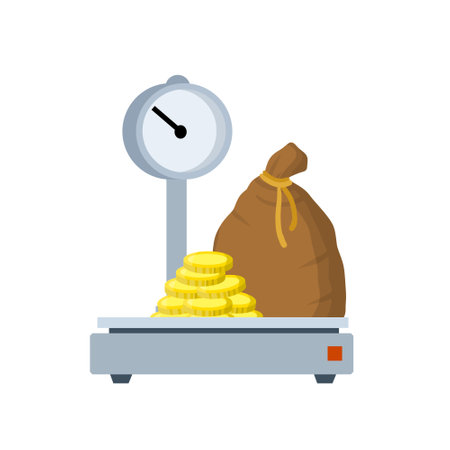 Bag of gold on scale. Weighing wealth and money. Coins in a canvas sack. Concept of income and banking operations. Flat cartoon illustrationのイラスト素材