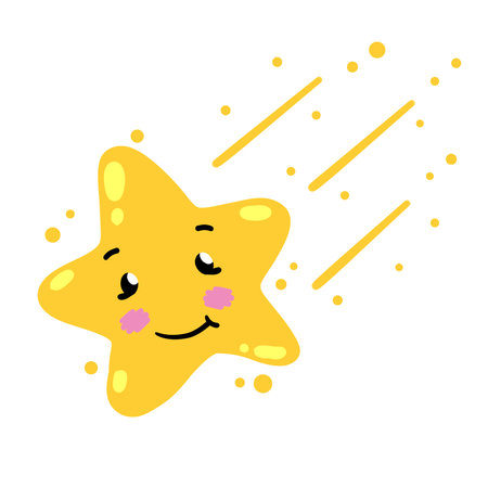 Cute star. Element of night and nature. Falling Cartoon illustration. Children drawing. Space star with fun face. Yellow cometのイラスト素材
