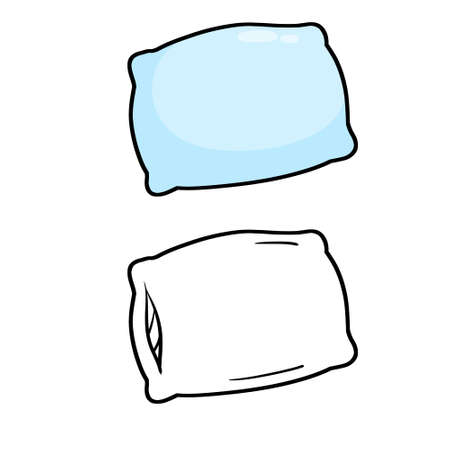 Blue pillow. Soft cushion. Element of bedroom and bed for sleep. Cartoon flat illustration. Color and black and white hand drawn pictureのイラスト素材