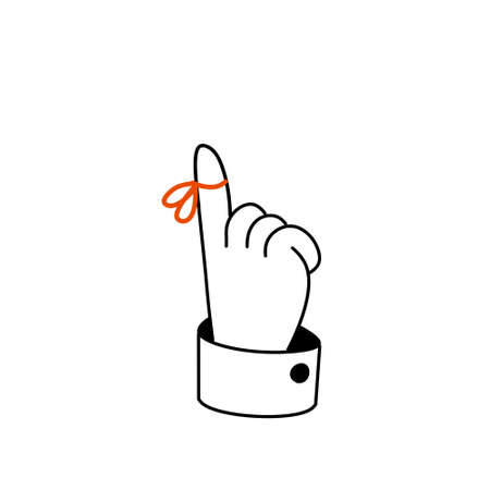 Reminder on finger. Red string around the forefinger. Sketch doodle outline black and white cartoon isolated on whiteのイラスト素材