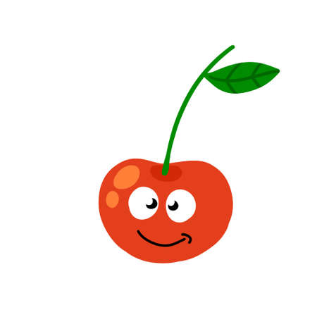 Cherry character. Cute mascot with face and eyes. Red berry with twig and leaf. Sweet, fresh food. Flat cartoonのイラスト素材
