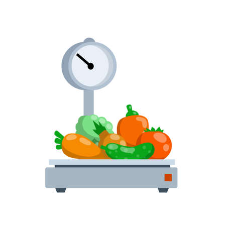 Vegetables on the scales. Shopping in a grocery store. Weighing of farm products. Decoration for the store and counter. Flat cartoon illustrationのイラスト素材