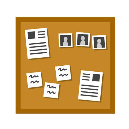 Bulletin board. Documents, messages and photos on wall. Scenery of detective story. Flat cartoon illustration. Corkboard or pinboardのイラスト素材